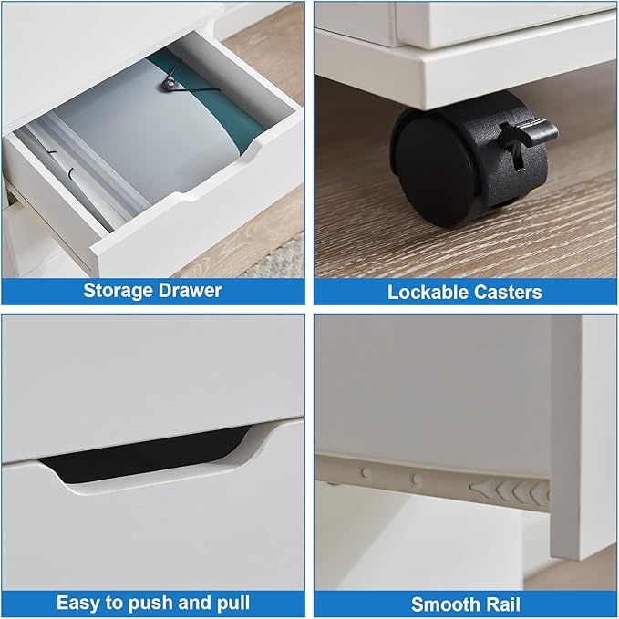 Farini 3-Drawer Vertical Filing Cabinet Rolling Wood Mobile File Cabinets Under Desk for Home Office with Casters，White,Fully-Assembled
