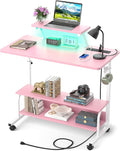 Height Adjustable Standing Desk with Power Outlets and LED Lights - 32" Manual Stand Up Desk with Monitor Stand and Storage Shelves Small Mobile Rolling Computer Desk Portable Laptop Table, Pink