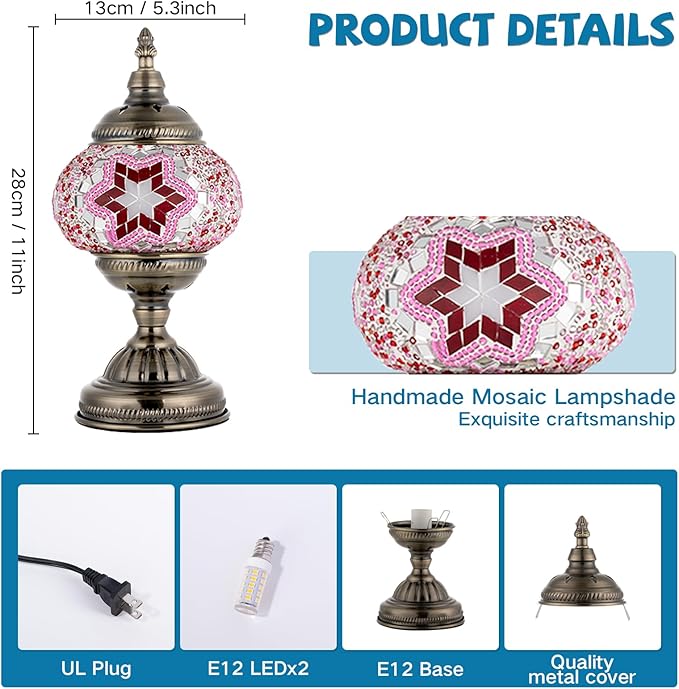 GOGERS Turkish Moroccan Table Lamp Lantern with Handmade Mosaic Glass Lampshade Tiffany Style Bohemian Stained Glass Decorative Desk Lamps Bedside Night Lights for Bedroom (Pink)