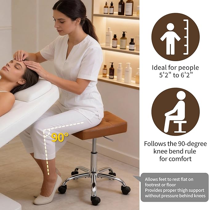 FIRAVOE Rolling Stool Adjustable Height (300lbs Capacity) (Sturdy Base) Multifunctional Nail Tattoo Vanity Massage Stool (Camel Brown)