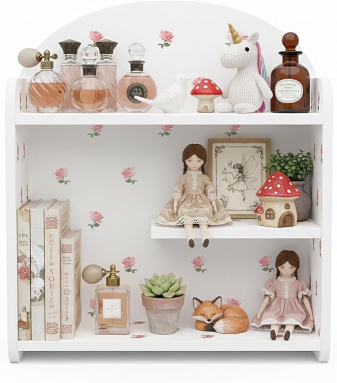 Bohemian Trinket Shelf, 3-Tier Wood Desktop Shelf Organizer, Pre-Assembled Tabletop Display Rack with Rose Flower Print, Aesthetic Storage for Office, Dorm, Vanity, White