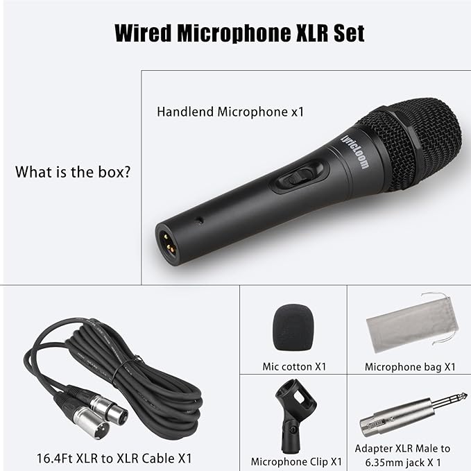 LyricLoom Professional XLR Microphone Wired Set, Metal Vocal Dynamic Microphone with 16.4 XLR Male to XLR Female Cable, Mic with Switch Set. Corded Microphone for Karaoke, Speaker, Singing, Recording
