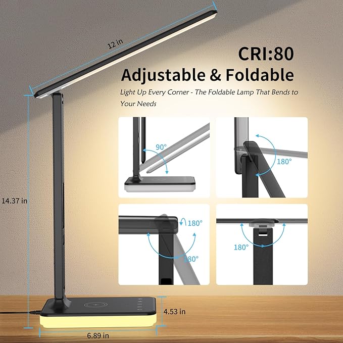 LED Desk Lamp for Home Office, USB Charging Port, Reading Lamp Desk Light with 5 Brightness, 3 Colors, Table Lamp with Clock, Alarm, Date, Temperature, Desk Lamp for College Dorm Room (Black)