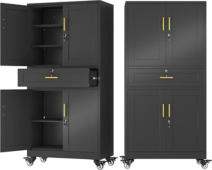 61" Metal Garage Storage Cabinet with Wheels and Locking Doors and Tall Rolling Steel Tool Cabinet with 5 Adjustable Shelves for Garage,Home,Office,Shop (Black, 71" H x 35.43W x 15.74" D)