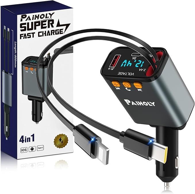 Bluetooth 5.3 Car Adapter, FM Transmitter Bluetooth Car Charger, 4 in 1 Retractable Car Charger, Phone USB C PD Fast Charging Adapter for RV SUV Truck, Fit iPhone 17/16/15/14 (Type C & Lightning)