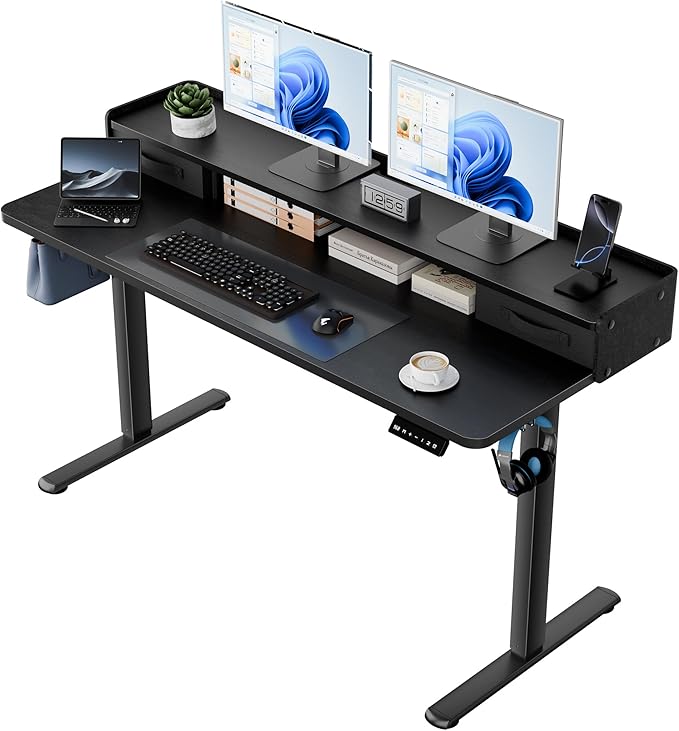 YESHOMY 55" x 23" Electric Standing Desk with 2 Drawers, Height Adjustable Computer Desk, Low Noise Home Office Stand Up Desk with 2 Preset Heights & 2 Hooks, Black