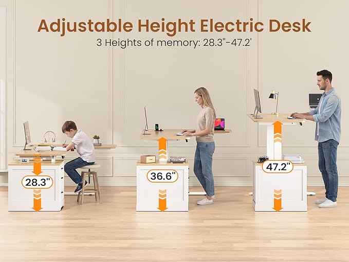 SEDETA Farmhouse L Shaped Electric Standing Desk, 70.9" x 39.4" Height Adjustable Office Executive Desk with 3 Drawers, Standing Computer Desks with Power Outlet for Home Office, Oak