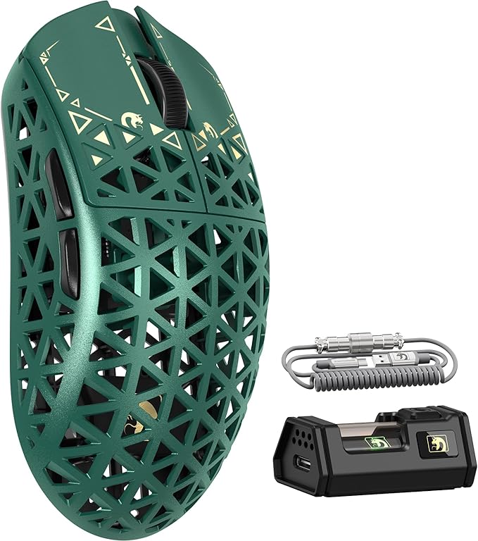 MAMBASNAKE M5 Ultra Carbon Fiber 8000Hz Wireless Gaming Mouse, 39g Superlight, 42000DPI, PAW3950MAX Sensor, Nordic 52840 Chip, Bluetooth/2.4G/USB-C Wired Mice with Coiled Cable for PC/Mac (Green)