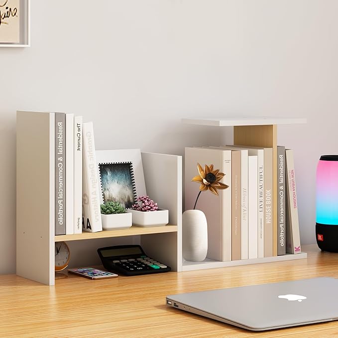 White Desk Organizers and Storage Small Desktop Bookshelf Length Expandable Desk Organization Shelves Counter Corner Book Shelf Adjustable Narrow Book Organizer for Desk Countertop