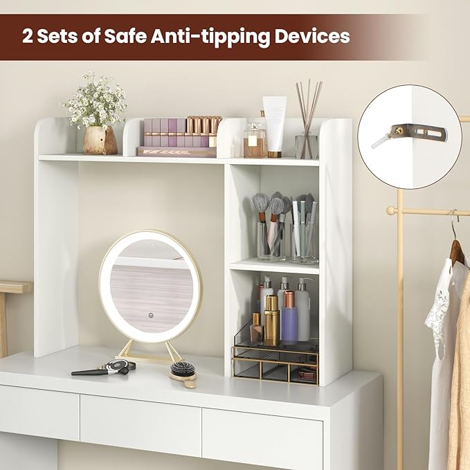 Desktop Bookshelf, 3-Tier Desk Hutch Shelf with 5 Display Rack for Computer Desk, Desk Organizer Shelves for Top of Desk, Dorm, Home, Office (White)