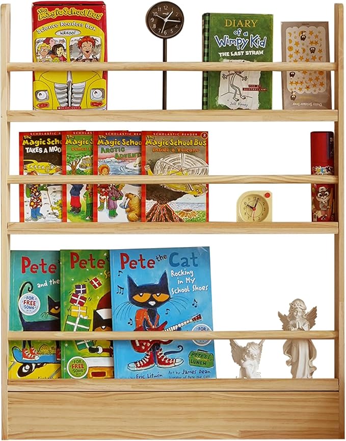 Baveke Kids Bookshelf, 3 Tier Shelves Behind The Door Book Shelf Storage, Children's Solid Wood Bookcase Space- Saving, Wall Mount Bookshelf for Bedroom, Living Room, Nursery（FSC-Certified Wood）