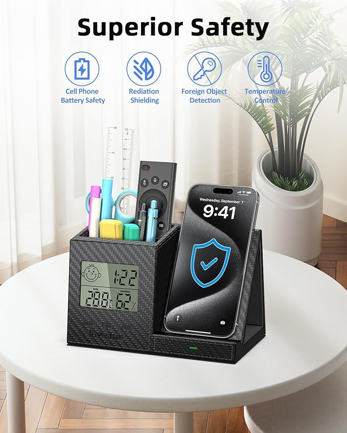 Pen Holder for Desk, Desk Organizer with Wireless Charger, Built in Digital Indoor Thermometer and Humidity Monitor, Multi-Functional Pencil Organizer for Home Office, Black Carbon Fiber