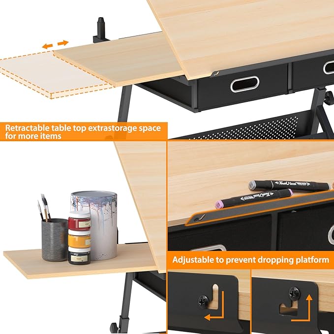 OS MOTOR Adjustable Height Drafting Table with Wood Top, Art Craft Desk with Slide-Out Drawers, Storage, for Drawing, Writing, Painting, and Creative Tasks, Ideal for Home Office, Natural