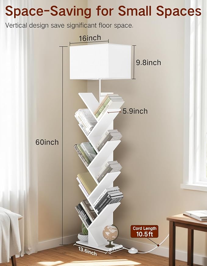 9 Tier Tree Bookshelf with Light, Remote & Timer, Dimmable Tall Floor Book Shelf, Narrow Wood Bookcase, Small Book Organizer Shelves for Living Room, Bedroom, Home Office (White)