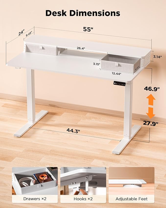 FiCiHi 55x24 Inch Standing Desk with Drawers, C-Clamp Mount Compatible, Electric Adjustable Height Computer Stand Up Desks, Home Office Sit Stand Table with 3 Preset Heights, White
