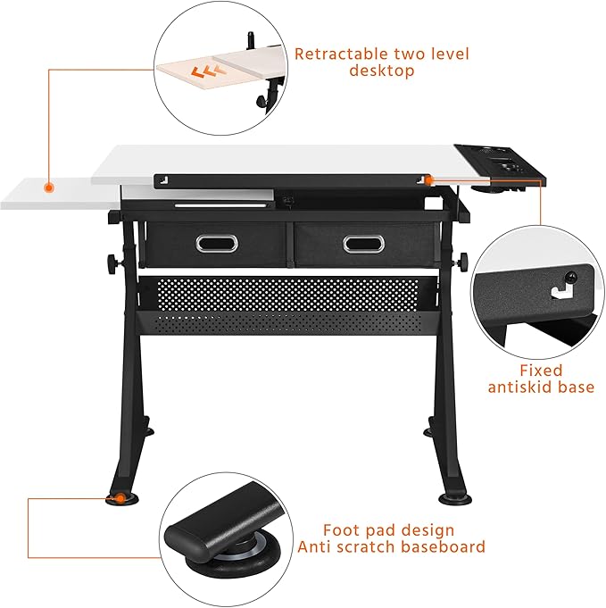 Topeakmart Drafting Table Art Craft Desk with Storage, Wooden Drawing Table with Adjustable Angle, Workstation for Reading&Writing, Foldable Artist Painting Table Crafts Desk with Extra Large Desktop