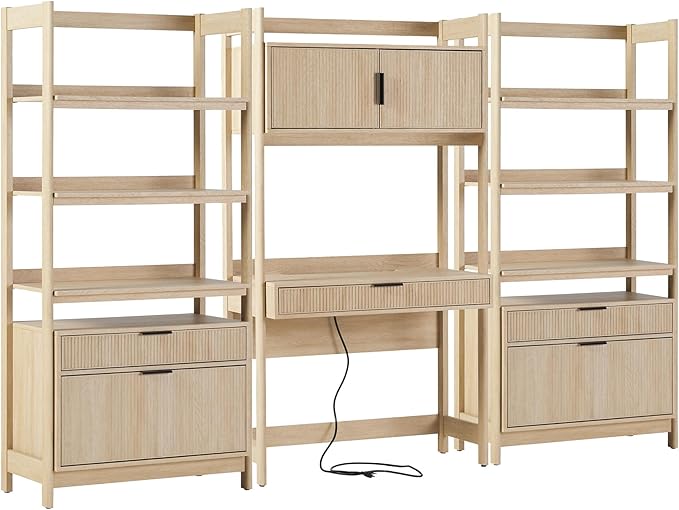 Walker Edison Transitional 3-Piece Hutch Desk with 2 Wide Bookcases, Reeded Drawer Fronts, Built-in outlets and USB Ports, Set of 3, Coastal Oak