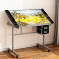 ZENY Drafting Table on Wheels with Storage Drawers, Adjustable Glass Tabletop, Craft Table Drawing Desk Artist Hobby Table for Painting, Drawing, Crafting