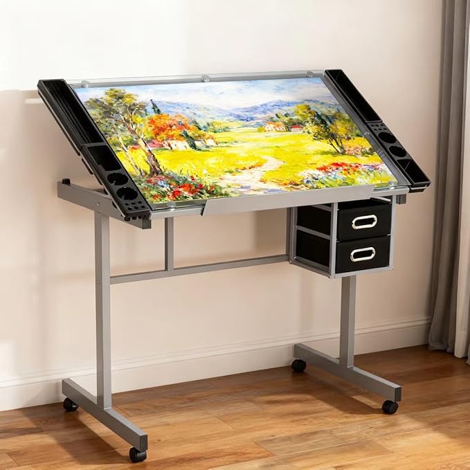 ZENY Drafting Table on Wheels with Storage Drawers, Adjustable Glass Tabletop, Craft Table Drawing Desk Artist Hobby Table for Painting, Drawing, Crafting