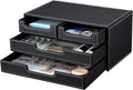 KINGFOM PU Leather Desk Organizer with 4 Drawers Small, Desktop Organizer Drawer for Office Supplies Accessories, Stationery Storage Box Bills Collection Holder Black
