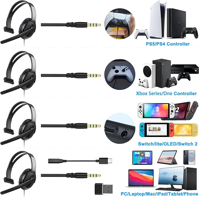 One Ear Gaming Headset with Mic (3.5mm) - Lightweight Single Ear Headset for PS5, PS4, Xbox, Switch, PC, Mac, iPad, Tablet - Includes USB-C & USB-A Adapters for Gaming, Remote Work & Business Calls