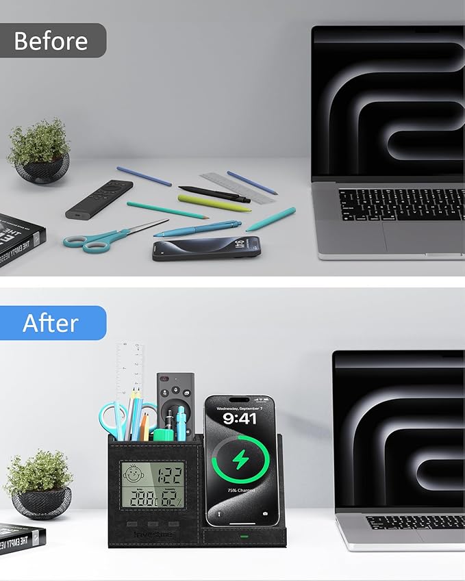 Pen Holder with Desk Organizer, Pencil Holder for Desk, Built in Digital Indoor Thermometer and Humidity Monitor, Multi-Functional Pencil Organizer for Home Office Supplies, Vegan Leather, Black
