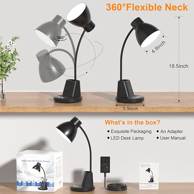 Sailstar Desk Lamp for Home Office, 10W Wireless Charging, Eye-Caring LED Desk Light, CRI 95+ 3 Color Modes Stepless Dimming Pen Holder, 360° Flexible Arm Desk Lamps for College Dorm, Adapter Included