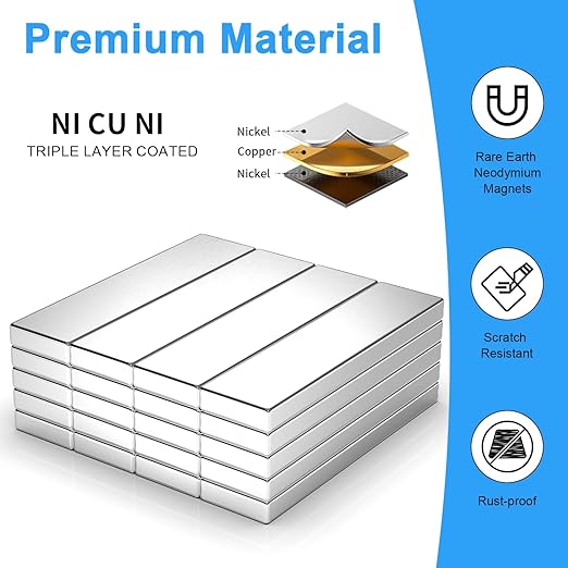 20 Pack 40x10x3 mm Rare Earth Neodymium Magnets, Powerful Small Strong Metal Rectangular Bar Magnetic Strip Magnet for Fridge Garage Kitchen Science Craft Office, Silver