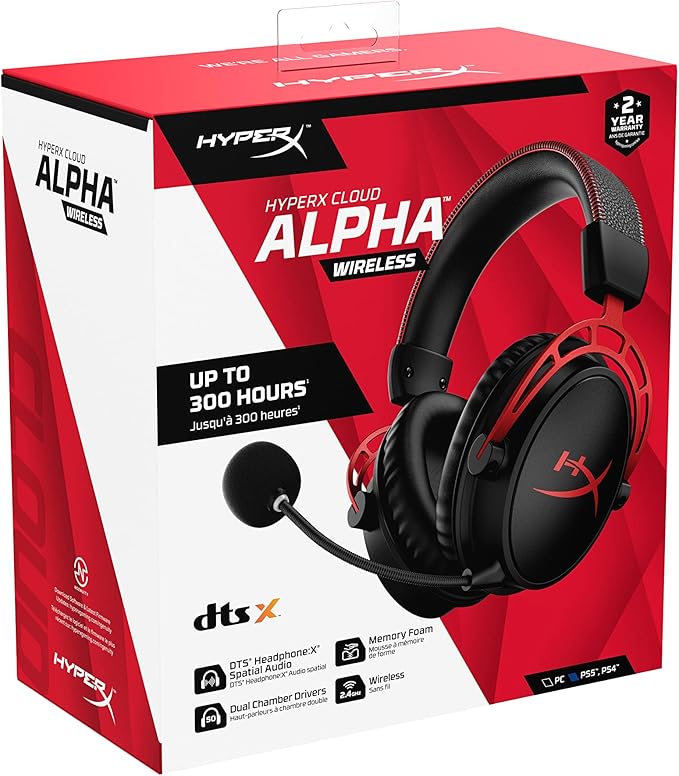 HyperX Cloud Alpha Wireless Gaming Headset for PC with DTS Headphone:X Spatial Audio, Noise-Canceling Mic, Dual Chamber Drivers, Durable Aluminum Frame - 300-Hour Life, Red (Renewed)