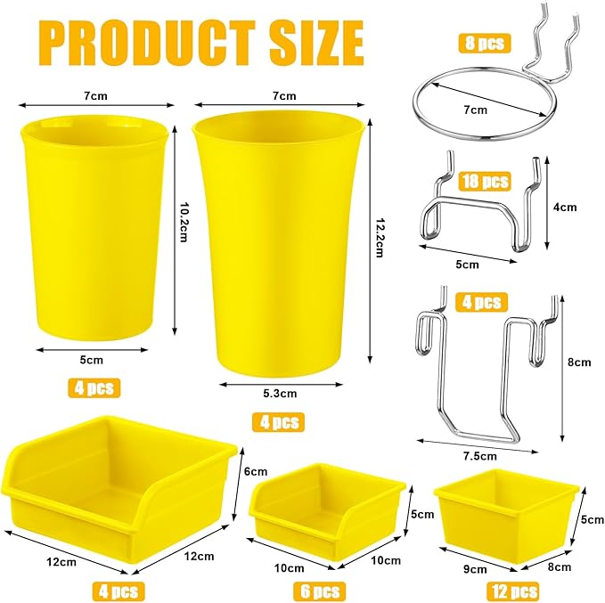 Roowest 60 Pcs Pegboard Cups Pegboard Bins Set, Wall Organizer with Hooks and Loops, Hooks Assortment Organizer Accessory for Office Storage Garage Craft Workshop(Yellow)