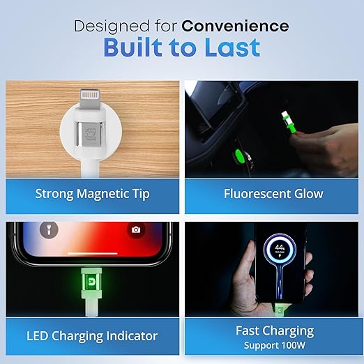 3ft LED Phone Lightning Cable with Magnetic Tip, Magnetic Cord Holder & Green Night Glow Light – Durable Fast Charger Cable for iPhone 5–14 and More