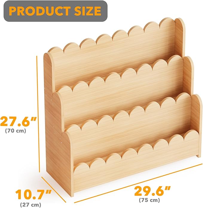 SpaceAid 3-Tier Scalloped Bookshelf, Montessori Bookcase for Toddlers, Wooden Book Shelf Organizer Display Furniture for Kids Rooms, Playroom, Nursery and Classroom, Natural