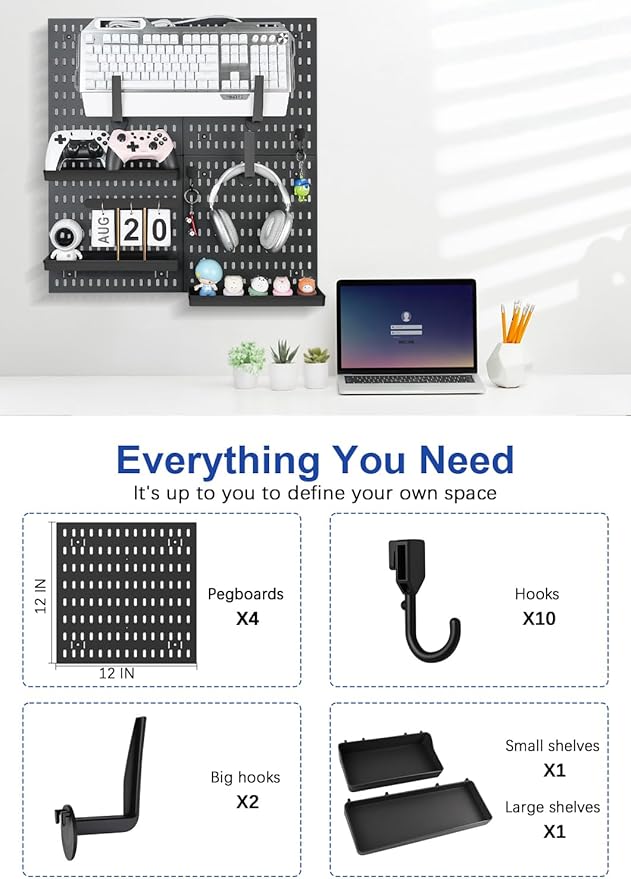 Pegboard Wall Organizer Kit – Heavy Duty 20lbs Load Bearing, Easy Installation, 4 Peg Board Panels 14 Accessories – Multi-Surface Use For Garage, Office, Kitchen & Crafts (Black Pegboard,24″×24″)