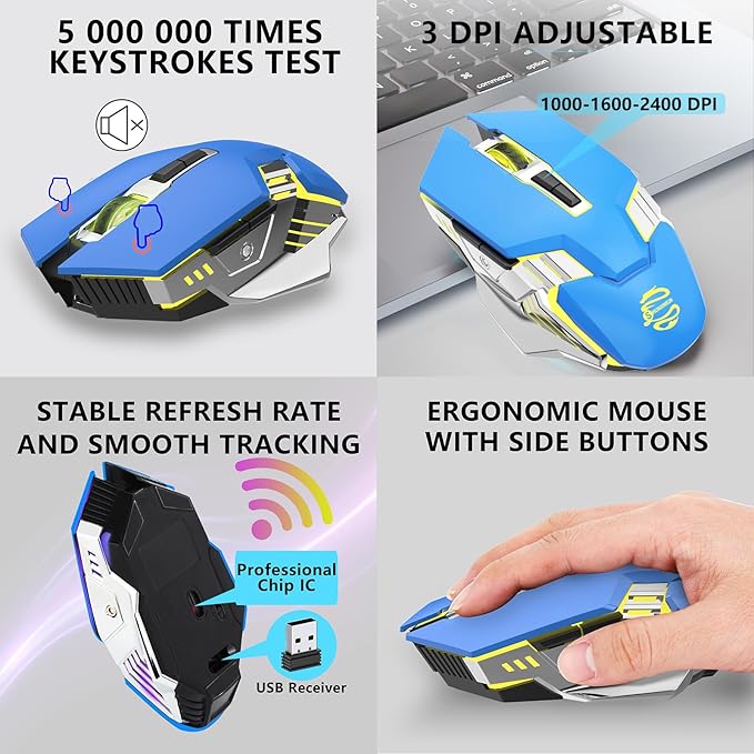 Blue Wireless Mice Gaming Mouse Bluetooth, Silent Multi Device Mouse, 2400 DPI, RGB Backlit, 800mAh Rechargeable Cordless Computer Mouse for Laptop PC Mac Macbook Air/Pro iPad Chromebook Office Game