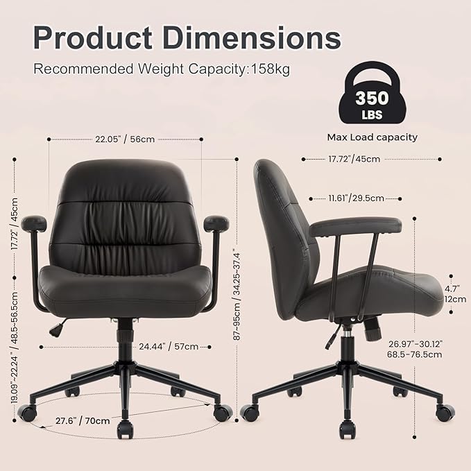 IWMH Home Office Chair, PU Leather Office Chair with Removable Armrests, Mid-Century Modern Desk Chair with Lumbar Support，Ergonomic Executive Task Chairs, Height Adjustable(Black)