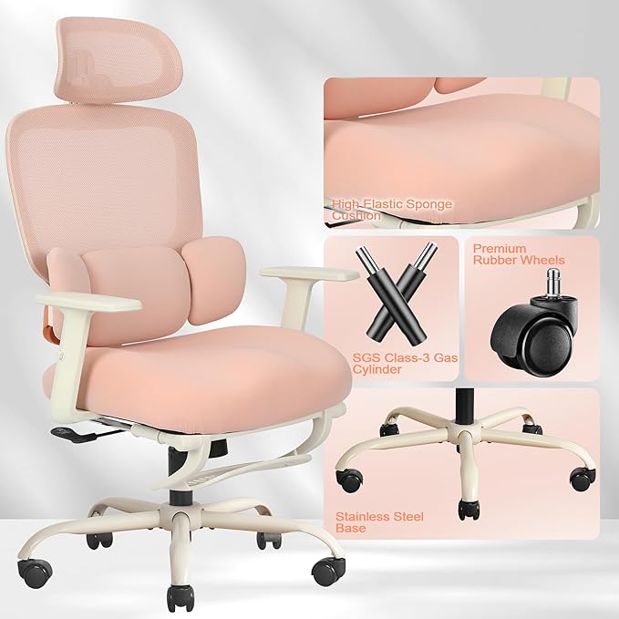 Ergonomic Office Chair with Footrest, Mesh Desk Chair with Adjustable Headrest & Armrests & Dynamic Floating Wing Lumbar Support, High Back Computer Chair for Home Office, BIFMA Certified, Pink