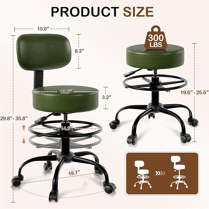 Drafting Chair with Back Support, Adjustable Foot Rest Rolling Stool, 360° Swivel Office Desk Chair with Wheels, Thick Seat Cushion for Home Bar Salon Tattoo Shop (2, Dark Green)