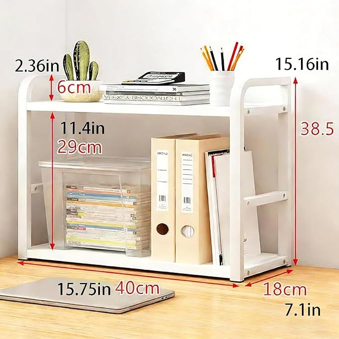 Hbluefat Desktop Organizer Shelf, 2-Tier Adjustable Desk Bookshelf, Tabletop Small Wood Bookcase, Multipurpose Display Storage Rack for Home Office (White+White)