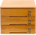 Lockable Desk Organizer Wooden Desktop Drawers Office Flat Files Storage Box Locking Countertop Storage Cabinet (Wood Yellow, 3-Tier)