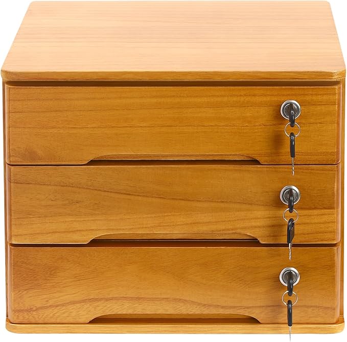Lockable Desk Organizer Wooden Desktop Drawers Office Flat Files Storage Box Locking Countertop Storage Cabinet (Wood Yellow, 3-Tier)