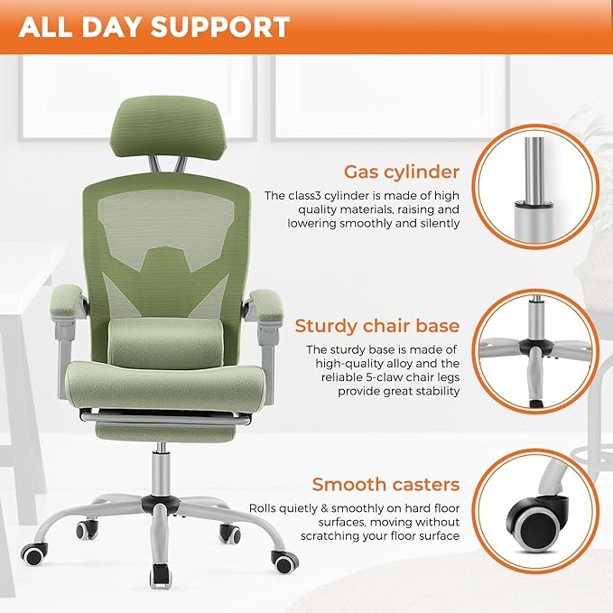 Sweetcrispy Office Computer Desk Chair, Ergonomic High-Back Mesh Rolling Work Swivel Chairs with Wheels, Comfortable Lumbar Support, Comfy Arms for Home, Bedroom, Study, Student, Green