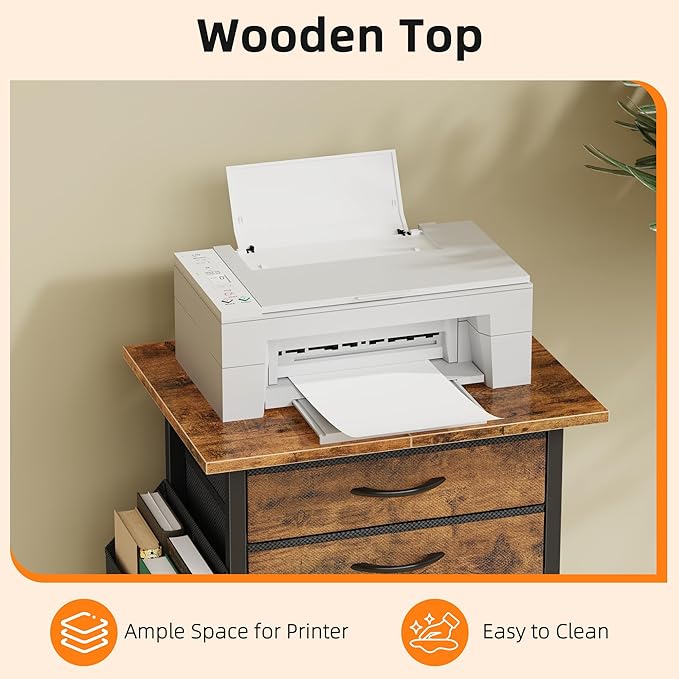 HIGDBFE 5 Fabric Drawers File Cabinet with Side Pocket, Rolling Printer Stand with Storage for Home Office, Wood Top Storage Cabinet for Documents and Crafts, Rustic Brown, 15" D