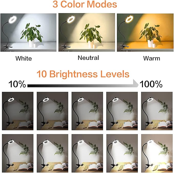Brokimis Clip on Light LED Reading Book Study Lamp 3 Color Modes 10 Brightness Eye Protection 360° Flexible Gooseneck Student Dormitory Office Desk Lamp at Night in Bed