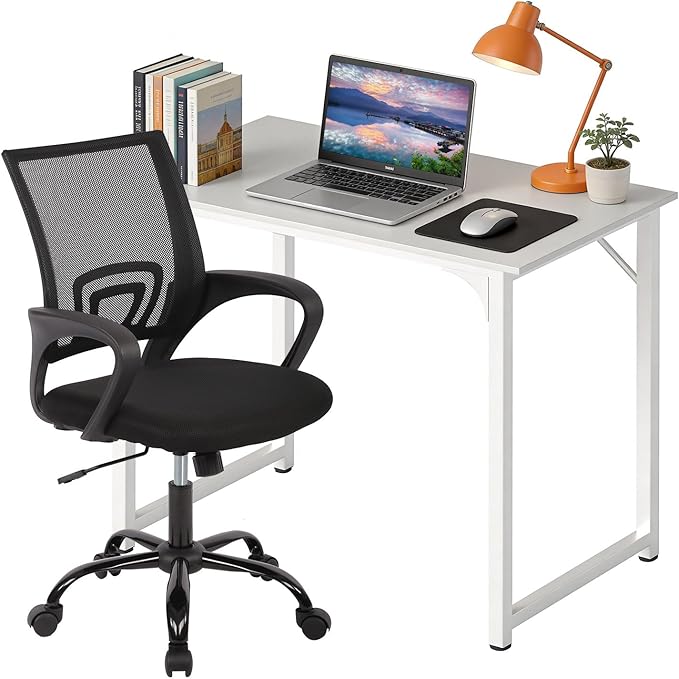 PayLessHere 32 Inch Home Office Desk and Chair Set,32 Inch Computer Desk with Ergonomic Height Adjustable Office Chair for Home Office,Pure White & Black