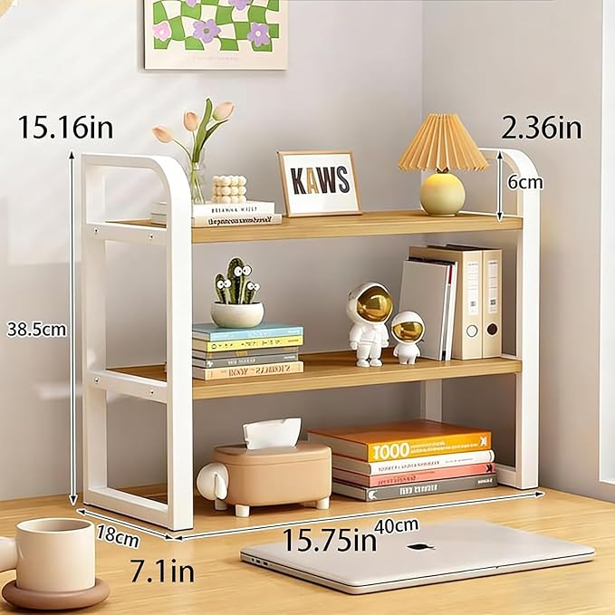 Hbluefat Desktop Organizer Shelf, 2-Tier Adjustable Desk Bookshelf, Tabletop Small Wood Bookcase, Multipurpose Display Storage Rack for Home Office (Wood+White)