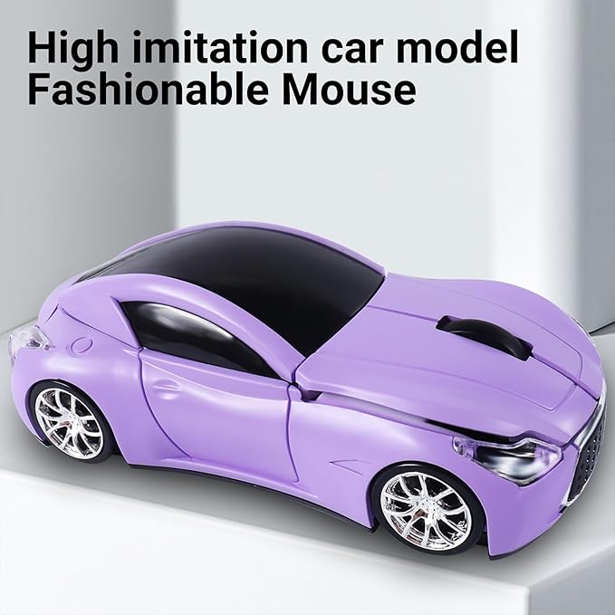 elec Space Wireless Mini Mouse with Case - Cute Sports Car Shape, Lightweight & Portable, 10m Range, Plug and Play (Purple)