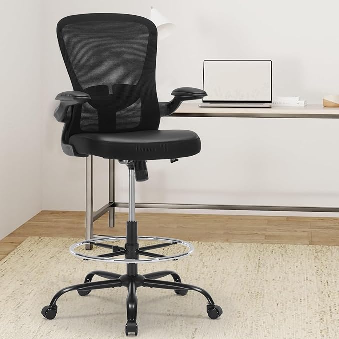 Ergonomic Drafting Chair, Standing Desk Chair with Lumbar Support Tall Office Chair with Flip-Up Arms Footrest Ring, Breathable Mesh High Desk Chair with PU Leather Seat Cushion, Black