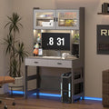Vlsrka Home Office Desk with Hutch and LED Lights, 40 Inch Modern Study Desk with Power Outlet and Charging Station, Wooden Computer Desk with Storage Drawers & Shelves (Grey)