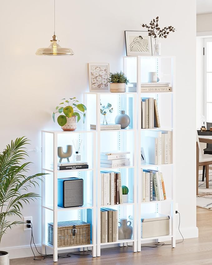 Open Book Shelf with LED Lights, 5 Tier Tall Bookshelf, Freestanding Shelf Narrow Bookcase with Open Shelves, 14.96" x 10.63" x 53.54", Book Shelves for Living Room, Office, Study, White