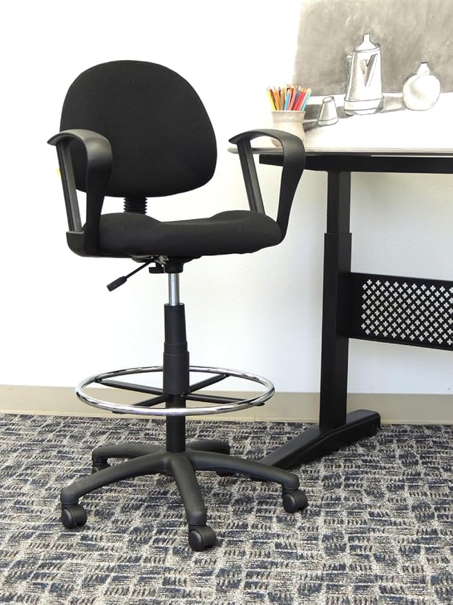 BOWERY HILL Contoured Comfort Drafting Stool, Adjustable Height 26.5"-31.5", Black Tweed Upholstery, Loop Arms, Chrome Footrest, Nylon Base with Casters, Ergonomic Office Chair for Drafting or Studio